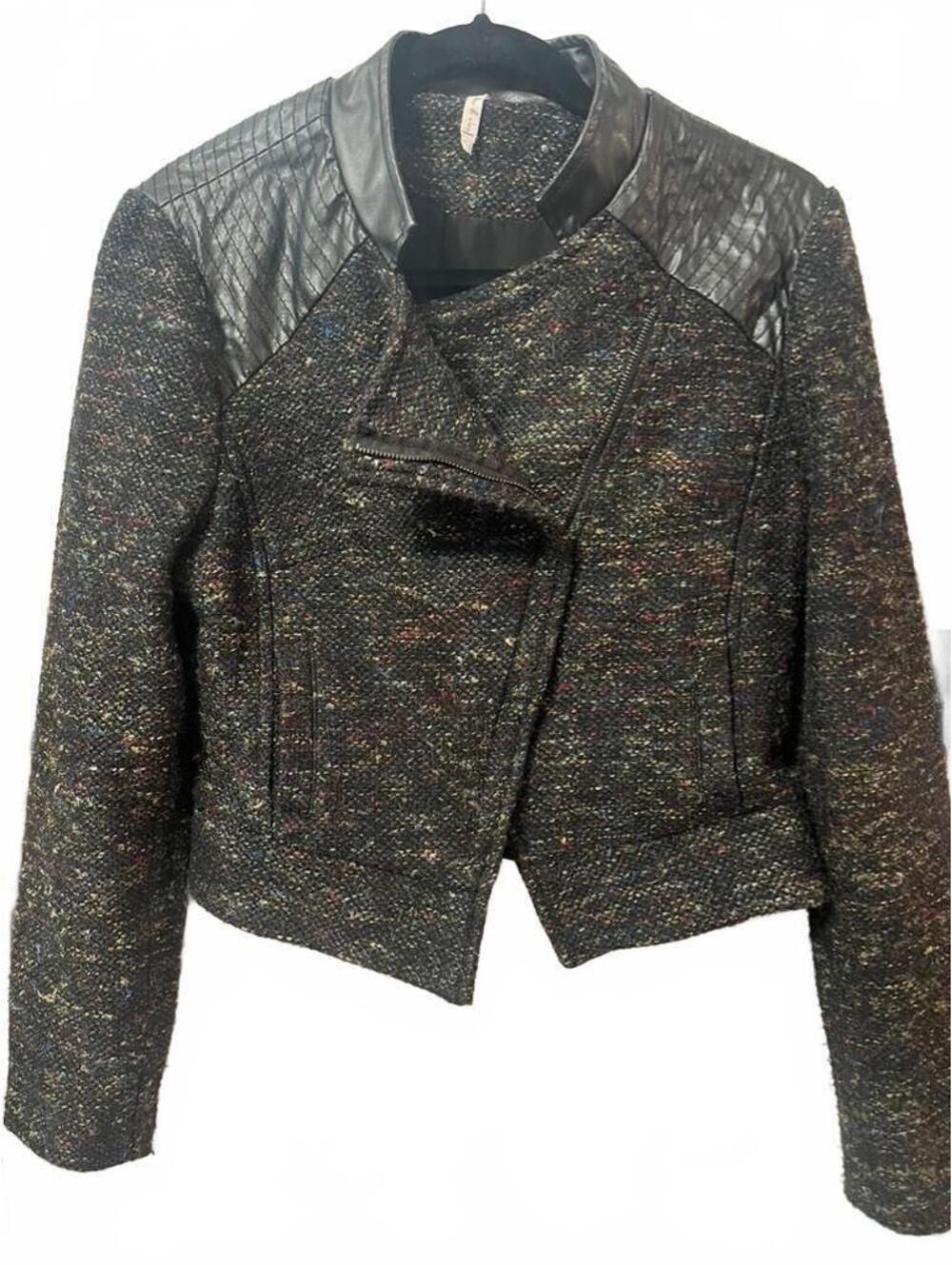 Willow & Clay Size M Black Tweed Moto Jacket Faux Leather Quilted Shoulders